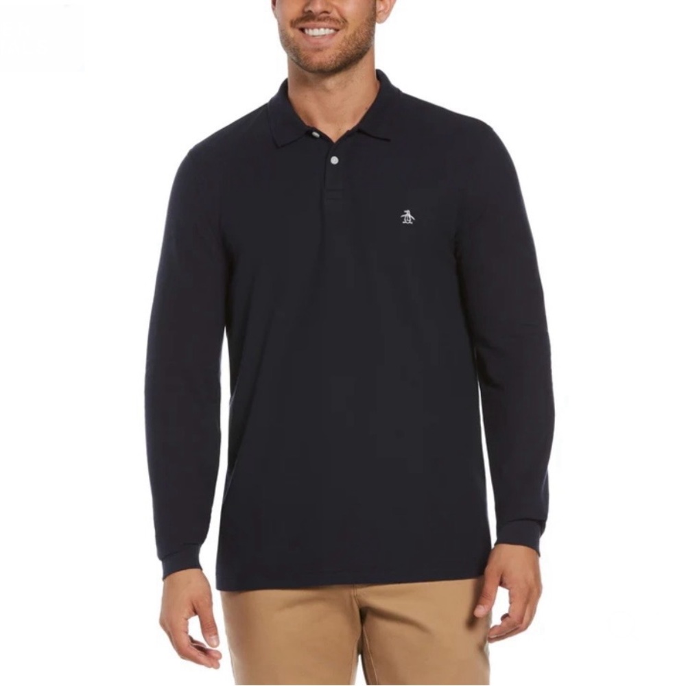 Long Sleeve Pique Polo in Dark Sapphire Blue